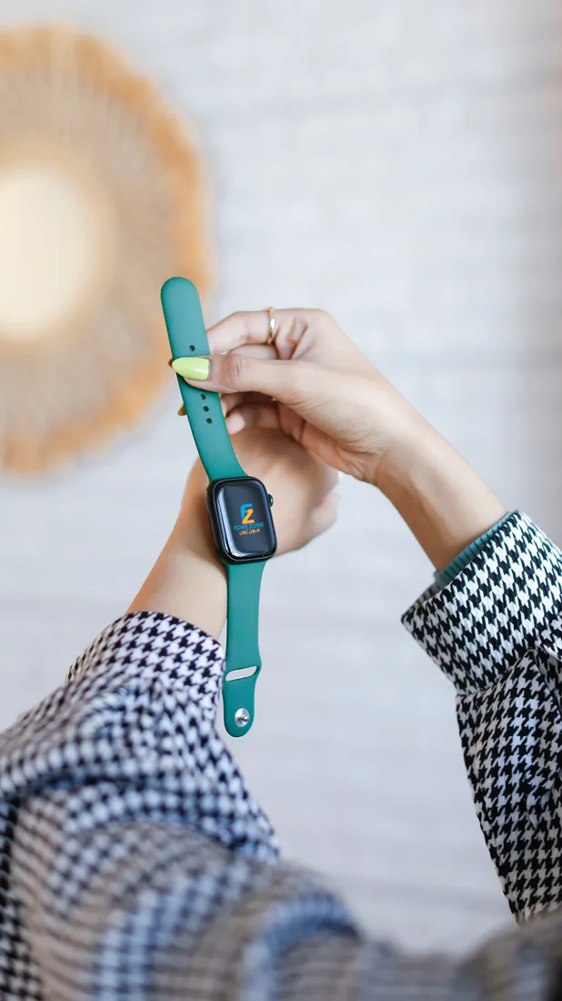 Green watch strap with FoneZone on the display