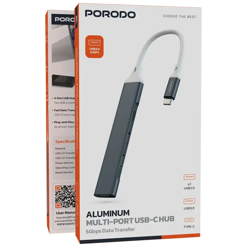 Porodo Aluminum Multi-Port USB-C Hub with 5Gbps Data Transfer - Gray.webp