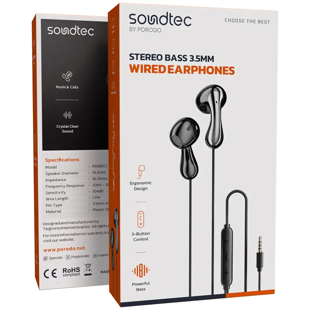 Porodo Soundtec Stereo Bass 3.5mm Wired Earphones - Black