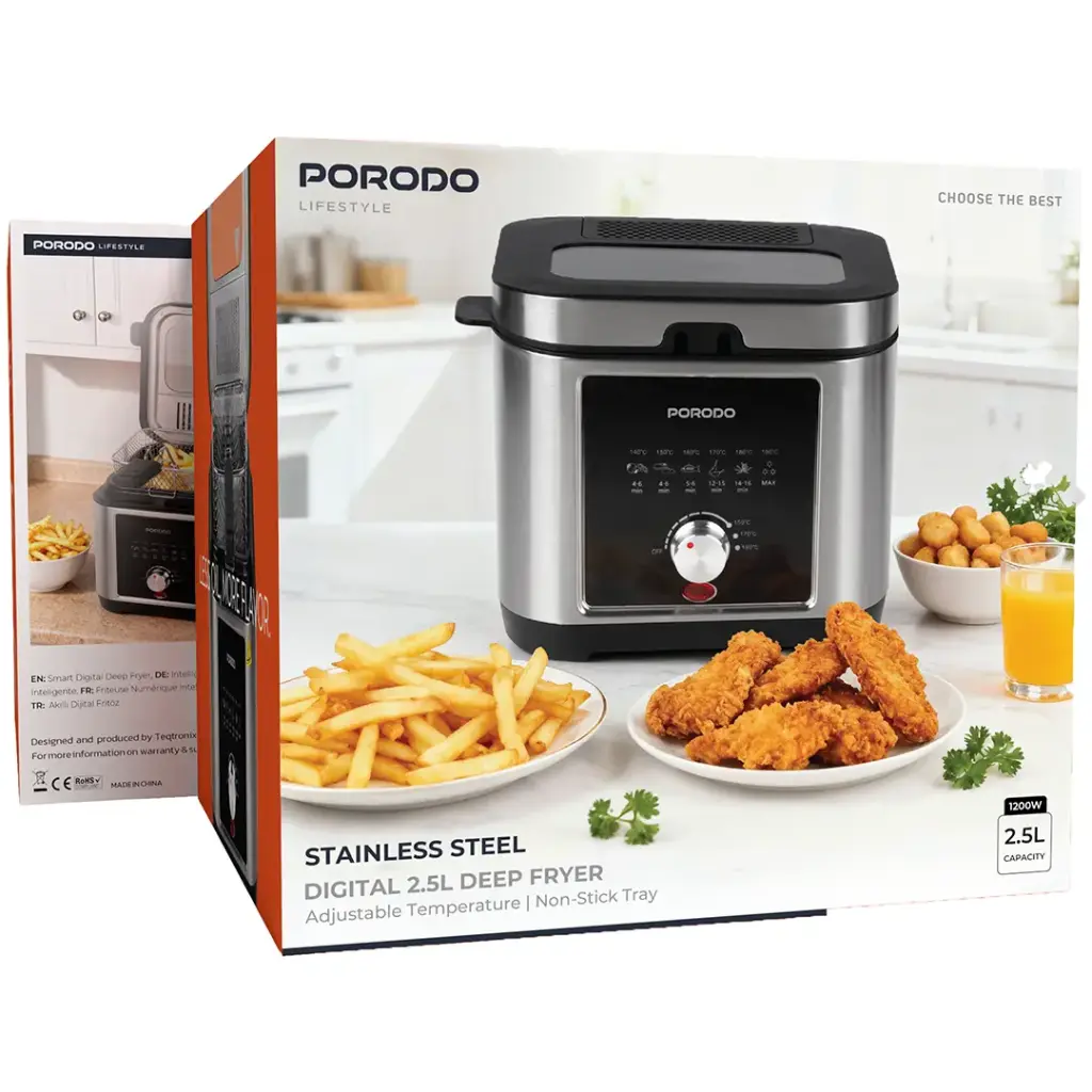 Porodo Lifestyle Stainless Steel 2.5L Deep Fryer with Adjustable Temperature & Non-Stick Tray - Silver 