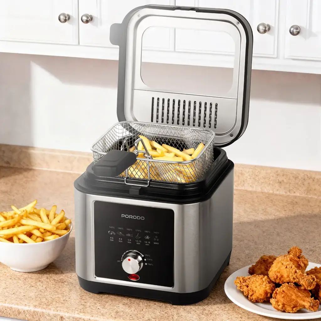 Porodo Lifestyle Stainless Steel 2.5L Deep Fryer with Adjustable Temperature & Non-Stick Tray - Silver 
