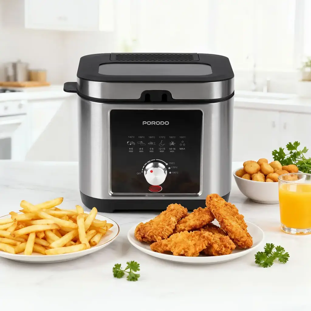 Porodo Lifestyle Stainless Steel 2.5L Deep Fryer with Adjustable Temperature & Non-Stick Tray - Silver 