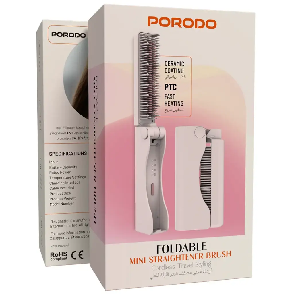 Porodo Foldable Mini Straightener Brush - Pink