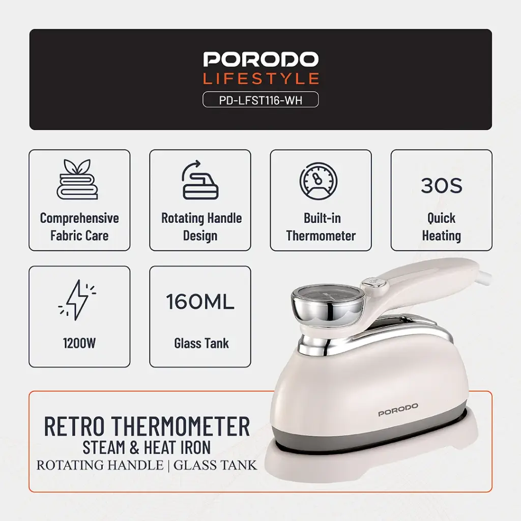 Porodo Lifestyle Retro Thermometer Steam & Heat Iron - White
