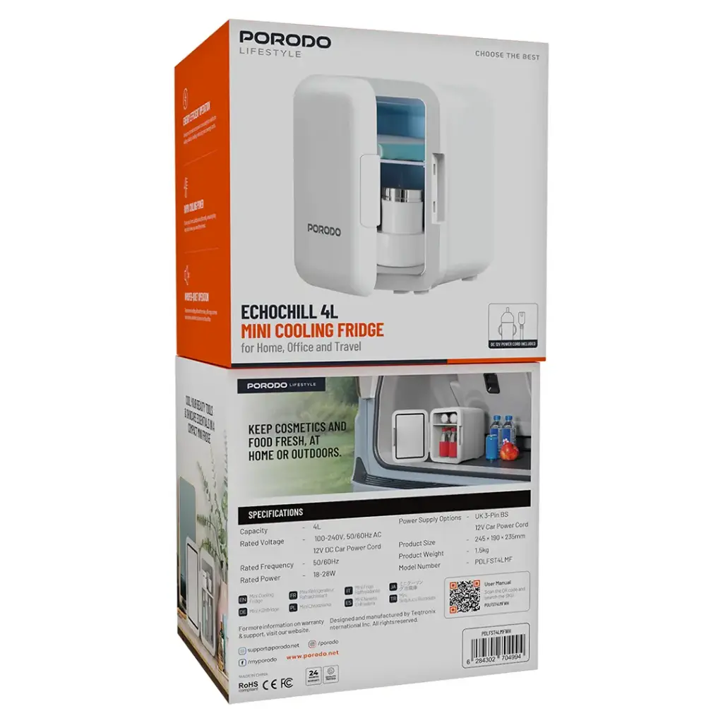 Porodo Lifestyle Echochill 4L Min Cooling Fridge, For Home, Office And Travel - White