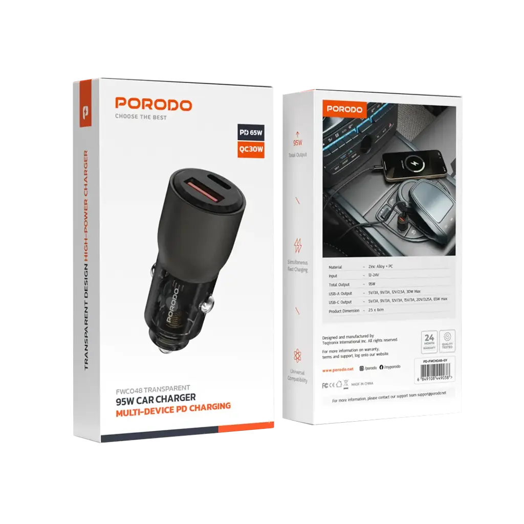 Porodo 95W Car Charger Transparent Multi-Device PD Charging