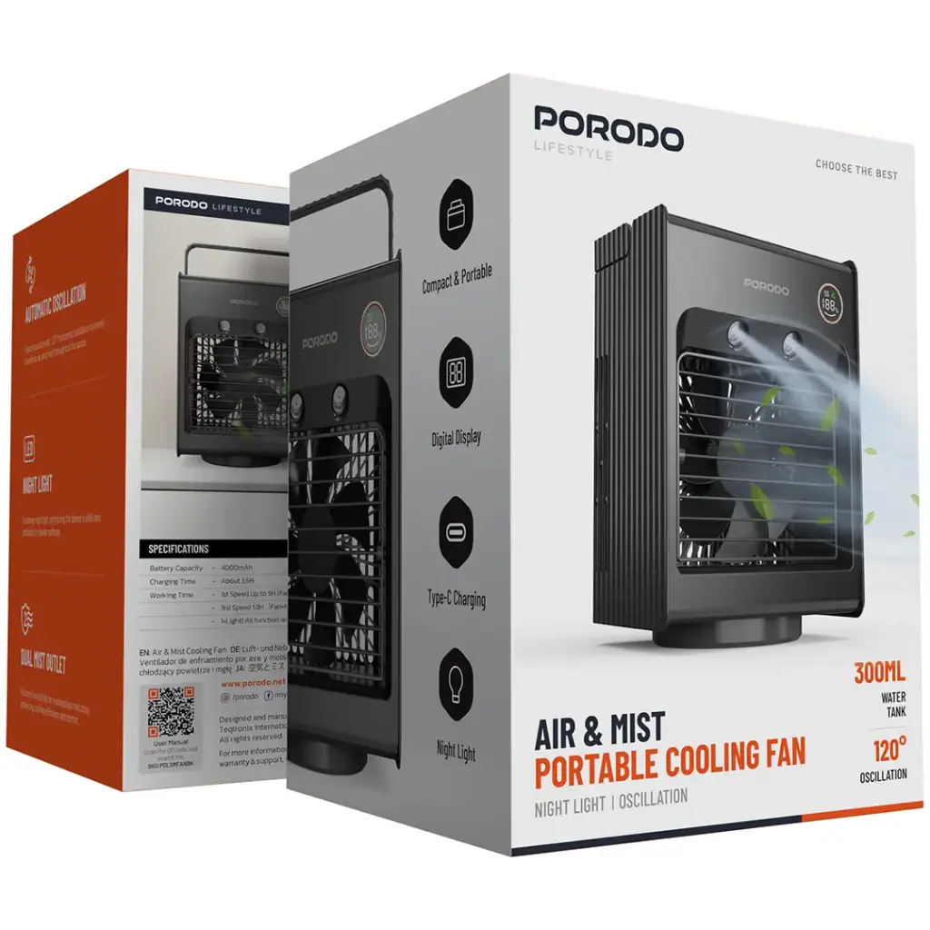 Porodo Lifestyle Air & Mist Portable Cooling Fan With Night Light.webp