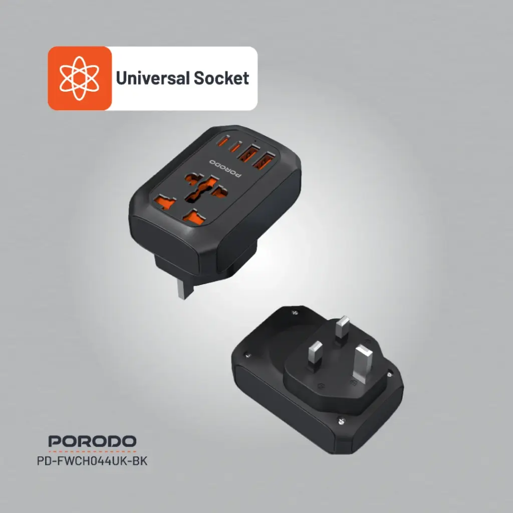 Porodo Universal AC Adapter Multi-Device Charging UK Plug - Black