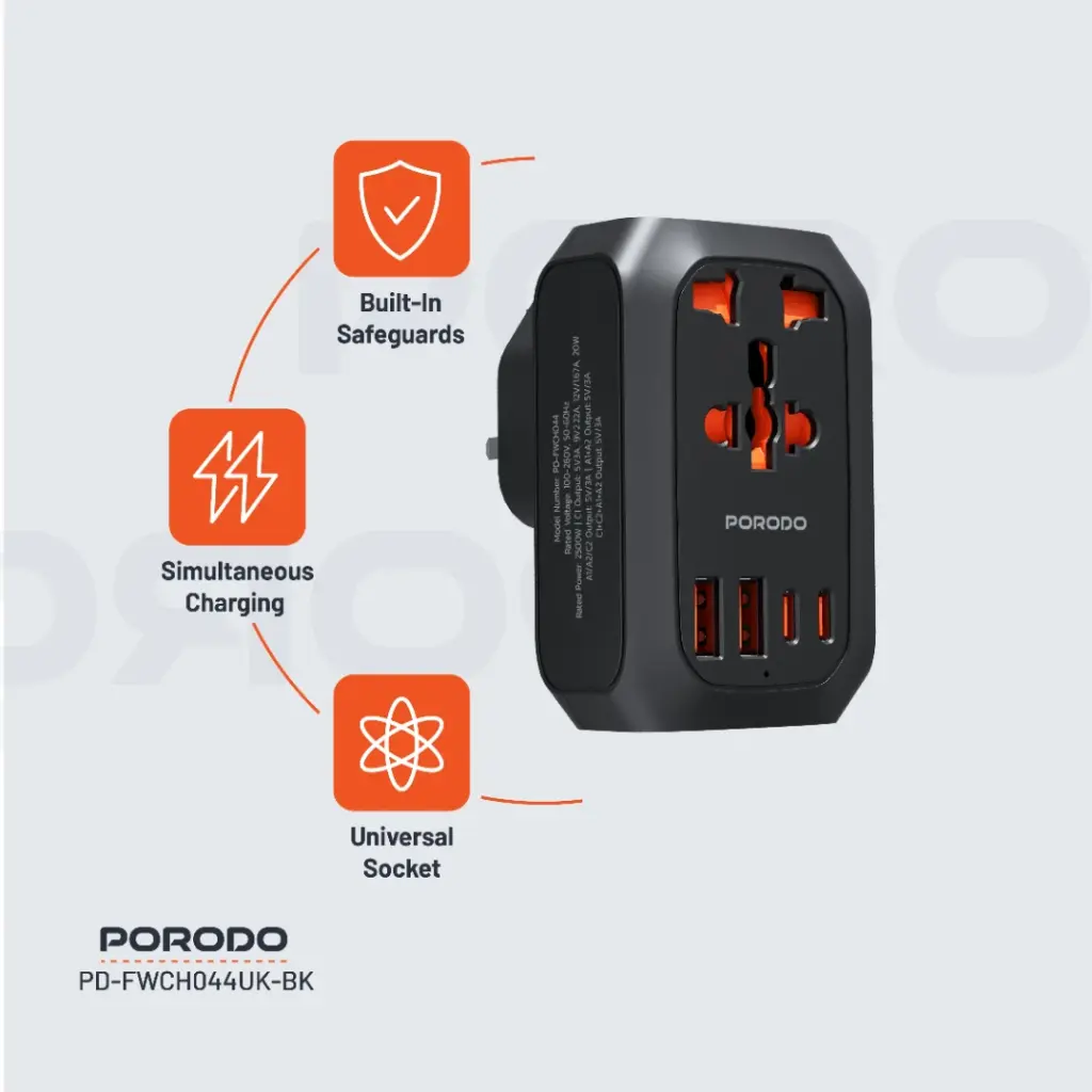 Porodo Universal AC Adapter Multi-Device Charging UK Plug - Black