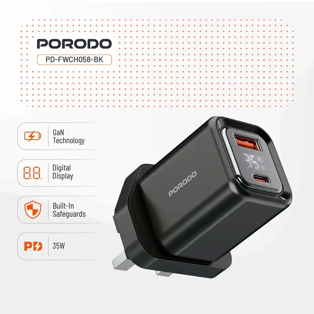 Porodo Dual-Port | Digital Display Quick Charger C to C Cable - Black