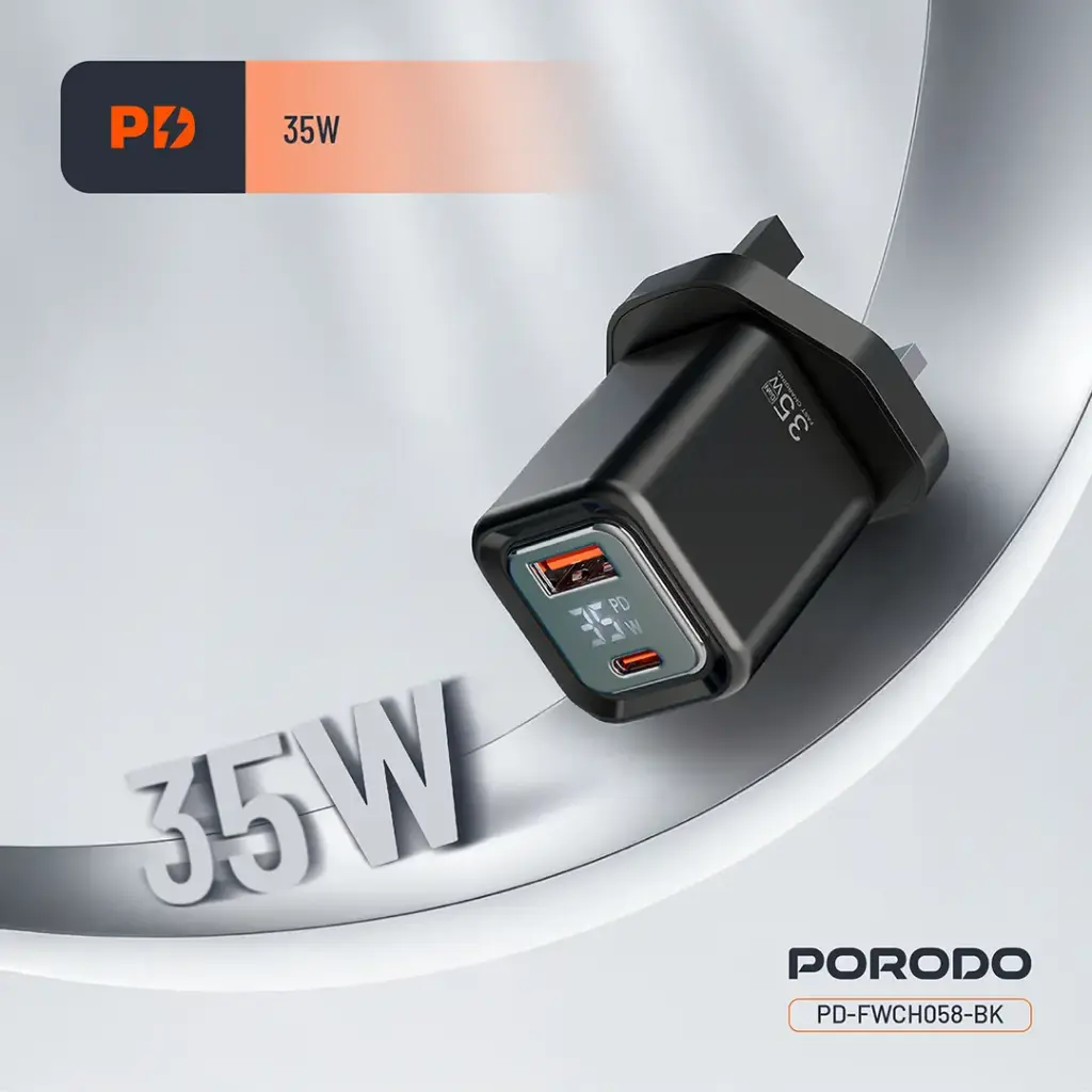 Porodo Dual-Port | Digital Display Quick Charger C to C Cable - Black