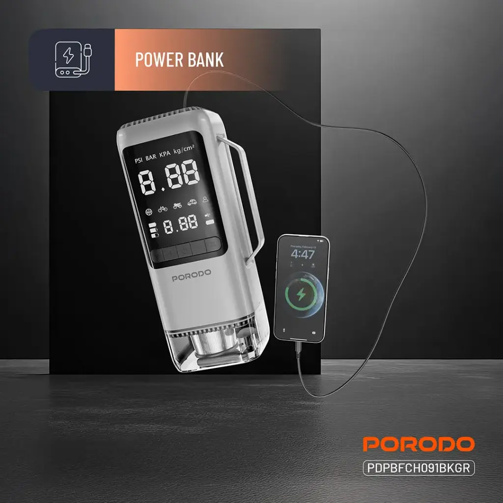 Porodo Multi-Function 6-In-1 Power Tool Jump Starter with Air Compressor & Power Bank - Black Gray