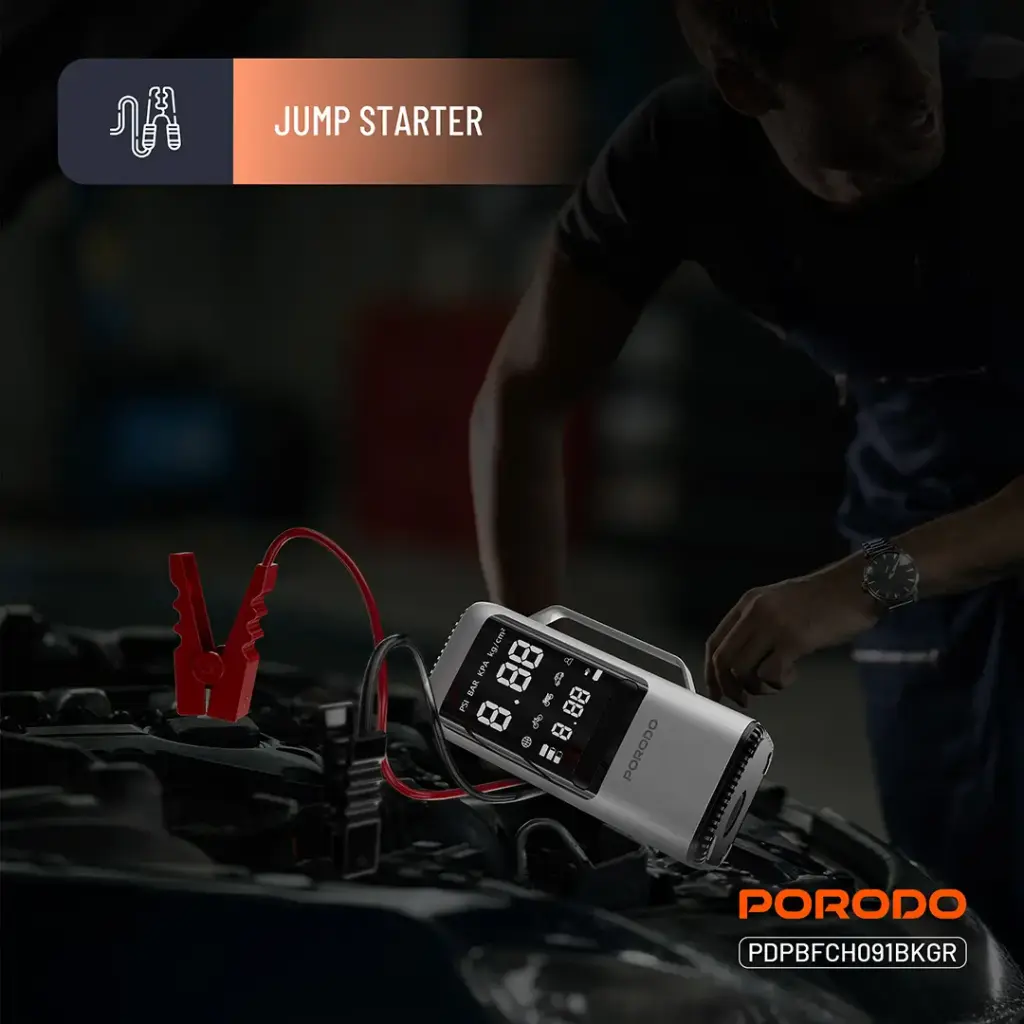 Porodo Multi-Function 6-In-1 Power Tool Jump Starter with Air Compressor & Power Bank - Black Gray