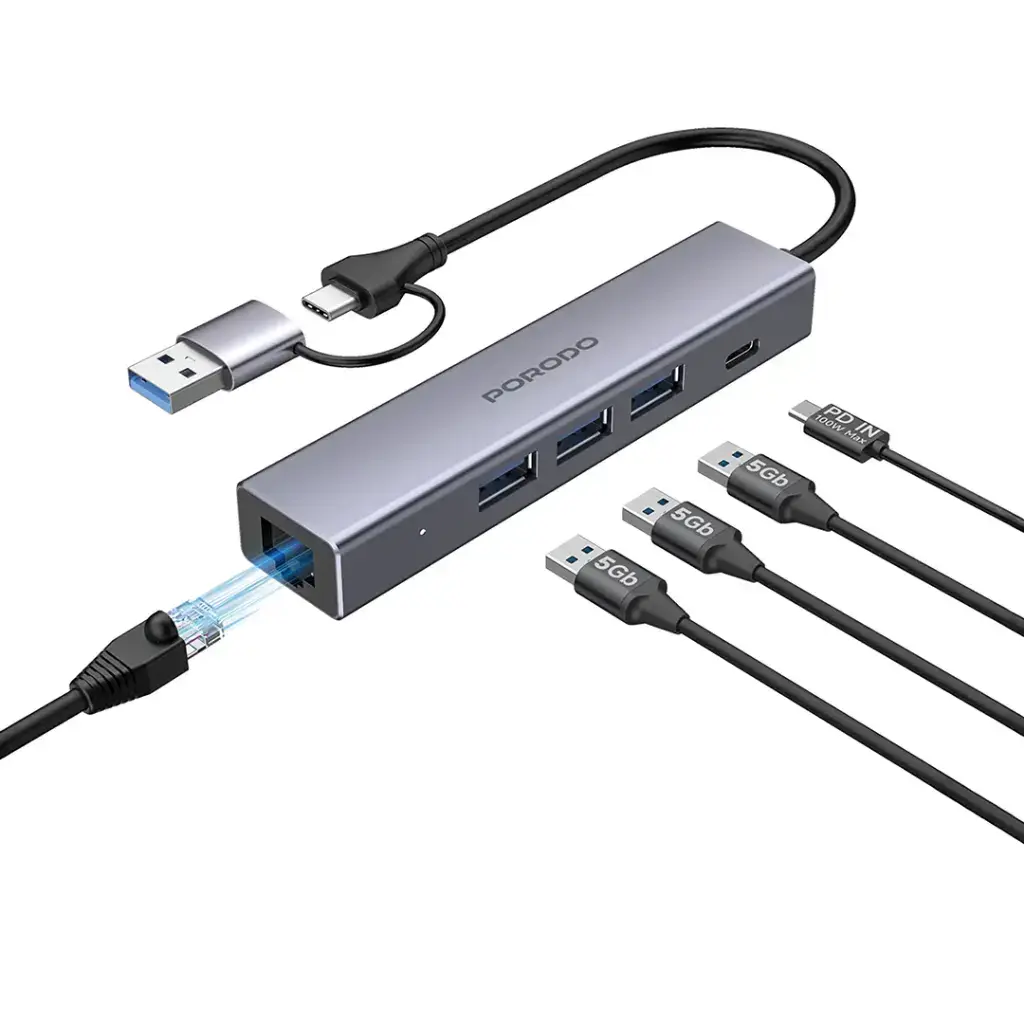 Porodo 5-IN-1 Multi-Port Hub PD Charging & 5Gbps Transfer Rate - Gray.webp