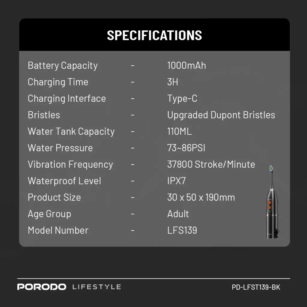 Porodo Lifestyle Water Floss & Sonic Electric Toothbrush -Black