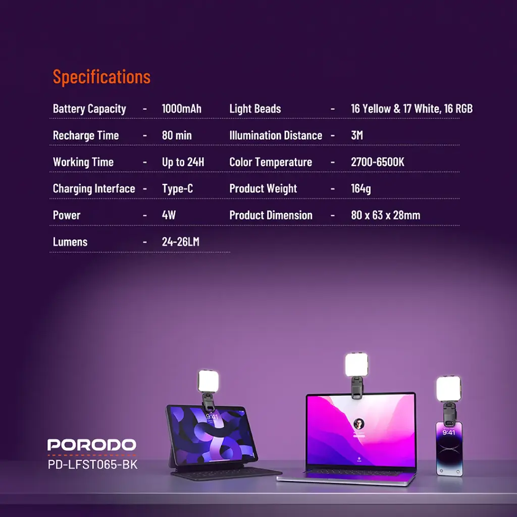 Porodo Lifestyle Clip-on Fill Light-black