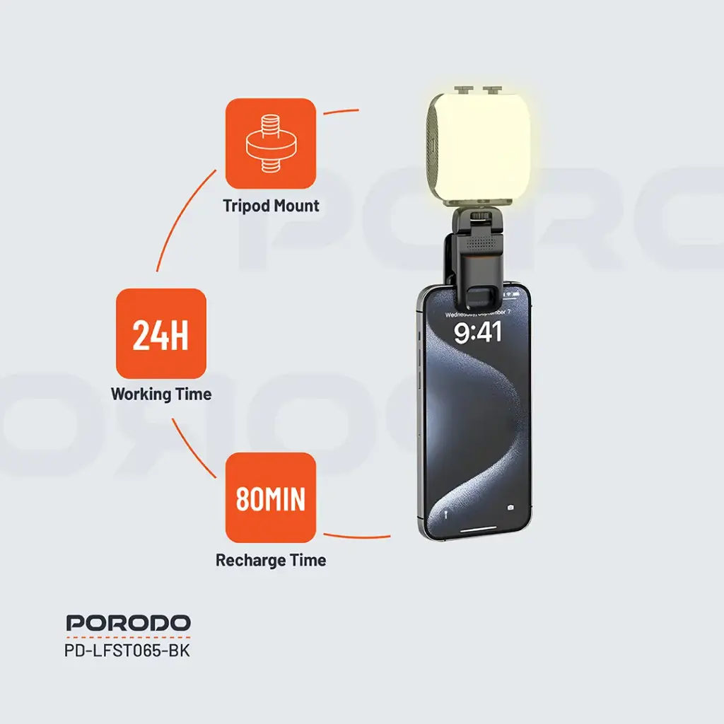 Porodo Lifestyle Clip-on Fill Light-black