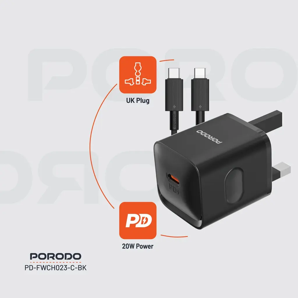 Porodo USB-C Power Delivery Wall Charger with Type-C Cable - Black (3).webp