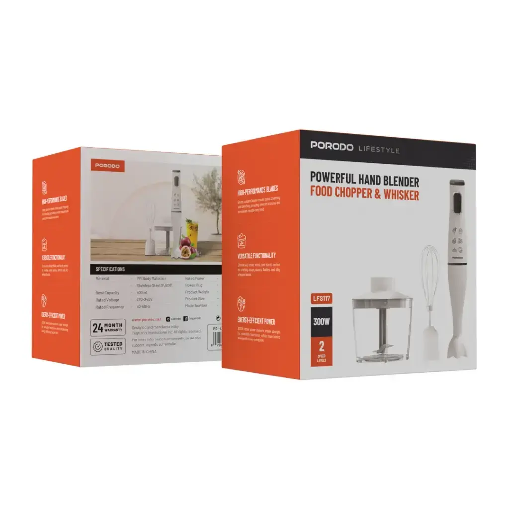 Porodo Lifestyle Powerful Hand Blender Food Chopper & Whisker - White.webp