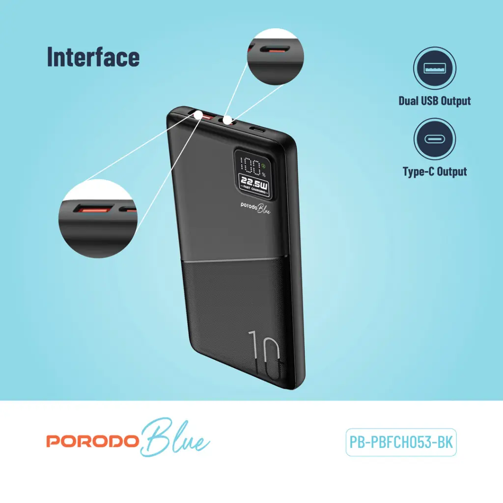 Porodo Blue 10000mAh Quick Charge Power Bank USB-A and USB-C Output.webp