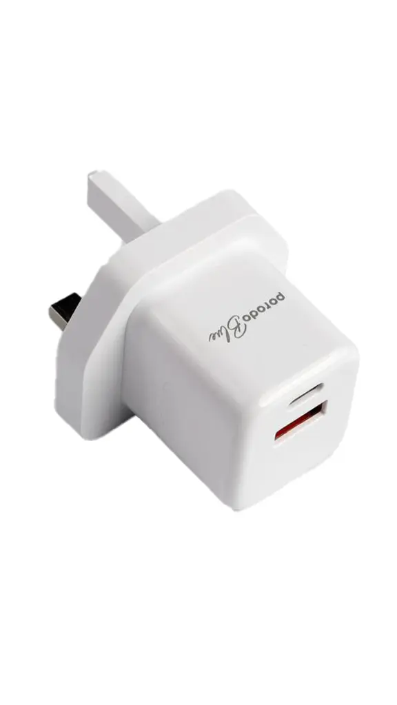 Porodo Blue Wall Charger 1_PD Type-C and 1_ QC Type-A UK PD 20W - White (2).webp