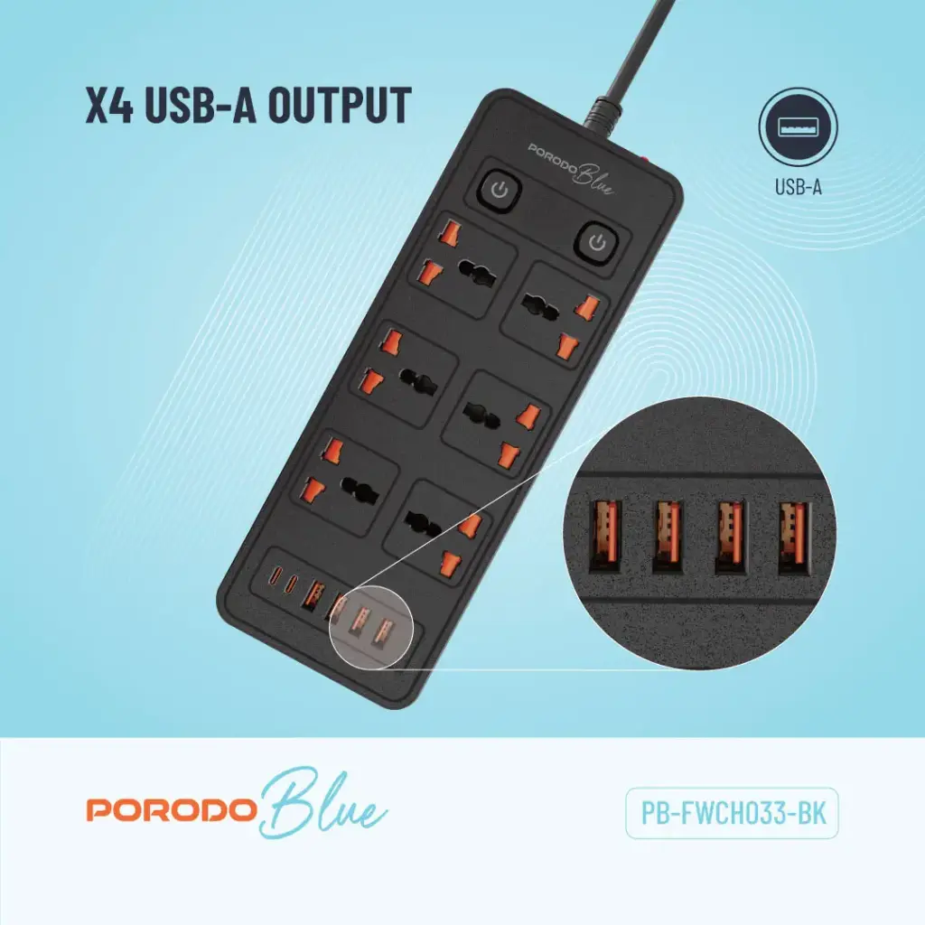 Porodo Blue 6 AC - Dual Switch Power Strip - Black (3).webp