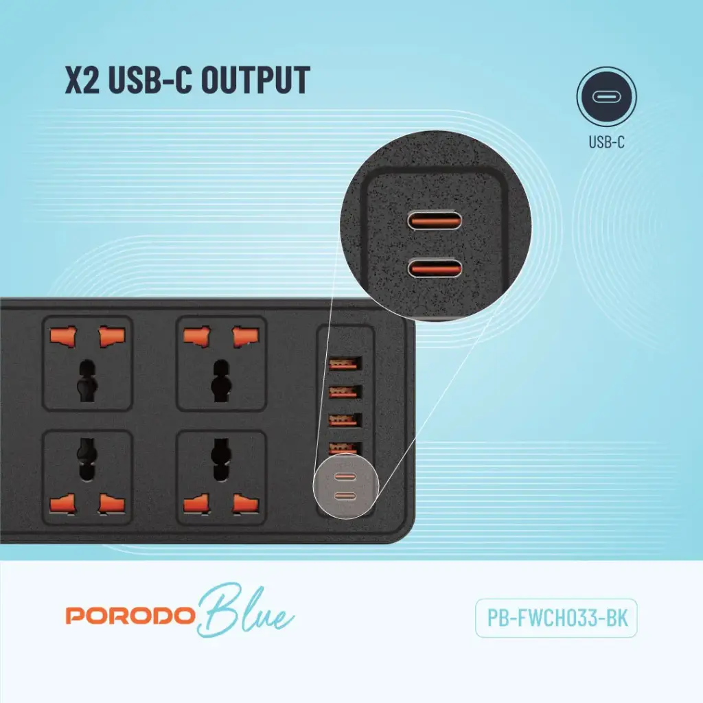 Porodo Blue 6 AC - Dual Switch Power Strip - Black (2).webp