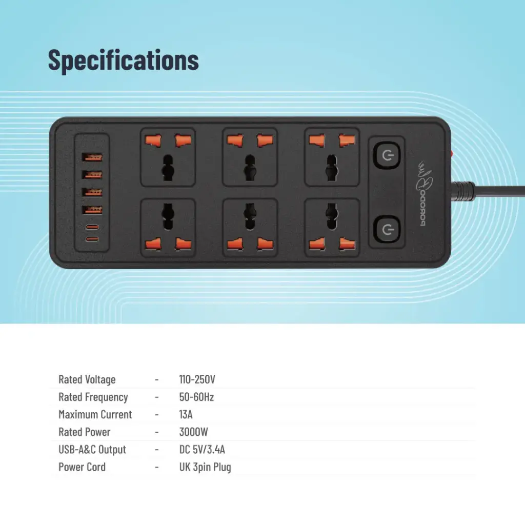 Porodo Blue 6 AC - Dual Switch Power Strip - Black.webp