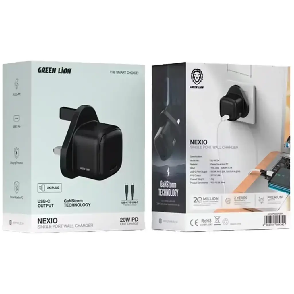 Green Lion Nexio Single Port Wall Charger UK Plug 20W - Black C TO C.webp