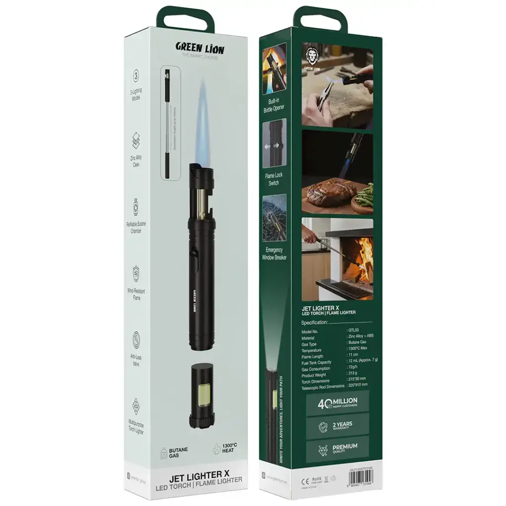 Green Lion Jet Lighter X LED Torch & Flame Lighter - Black.webp