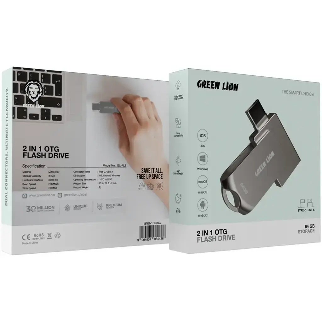 Green Lion 2 in 1 OTG USB-C Flash Drive USB 3.0 - Silver 64 M.webp