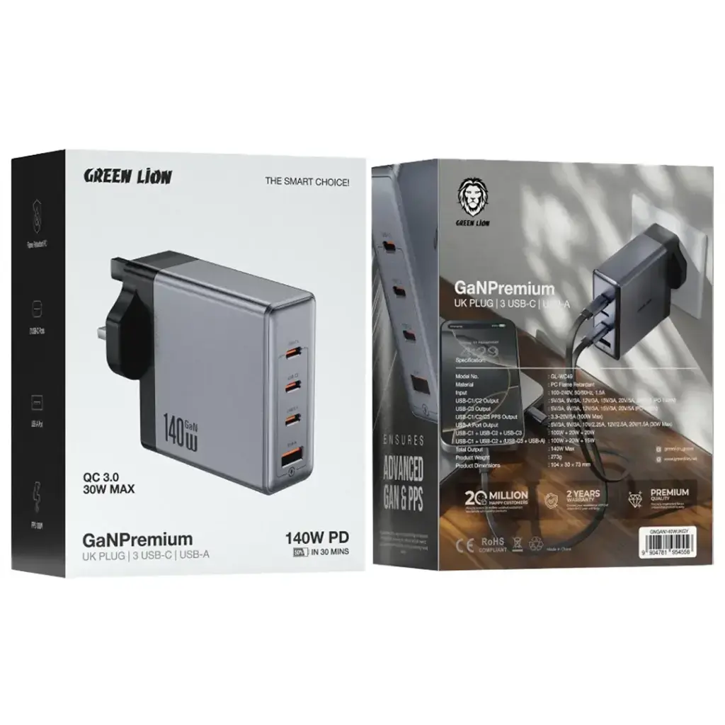 Green Lion GaN Premium UK Plug Wall Charger 140W - Gray.webp