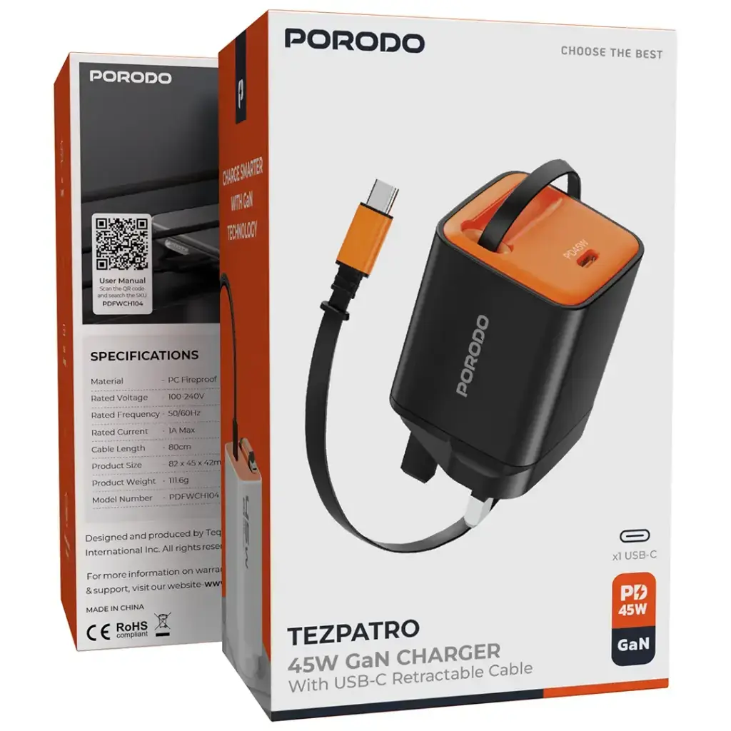 Porodo Tezpatro 45W GaN Charger with USB-C Retractable Cable6.webp
