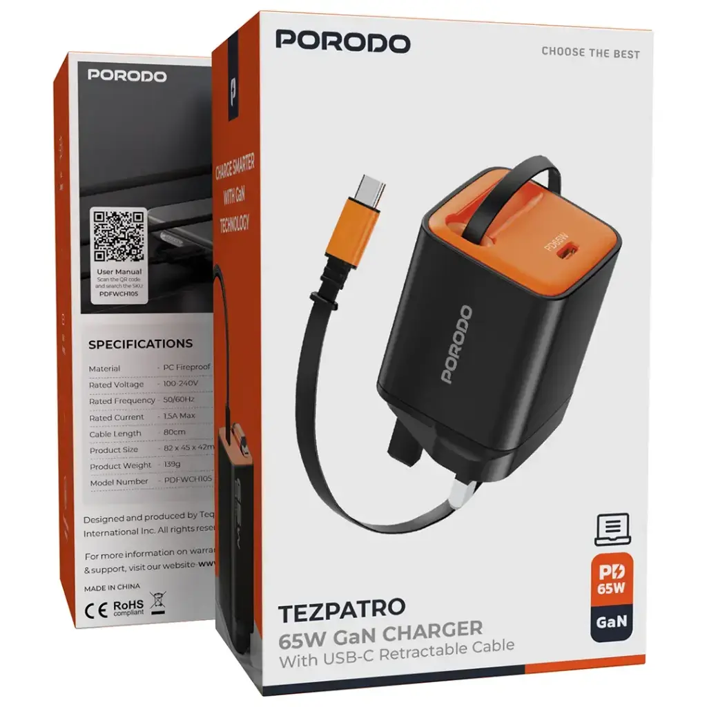 Porodo Tezpatro 65W GaN Charger with USB-C Retractable Cable5.webp