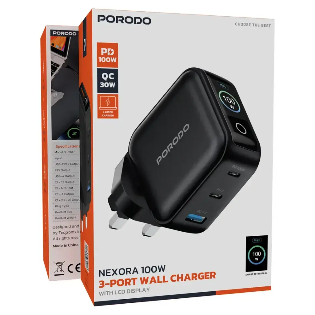 Porodo Nexora 100W 3-Port Wall Charger with LCD Display - Black1.webp