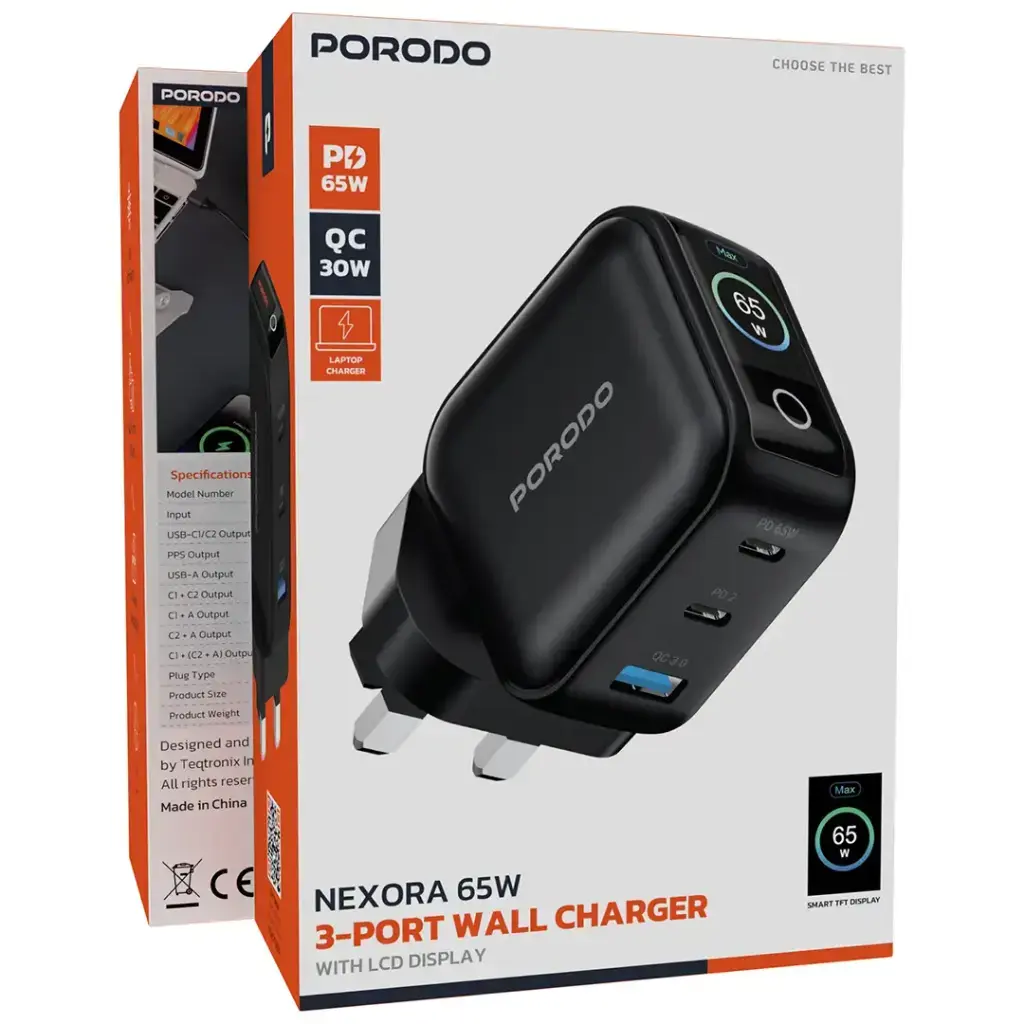 Porodo Nexora 65W 3-Port Wall Charger with LCD Display - Black1.webp