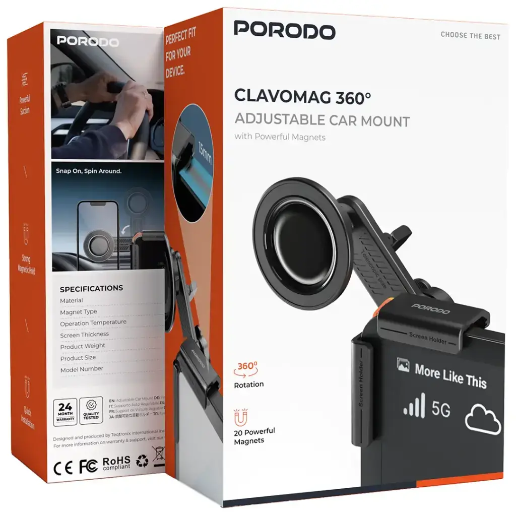 Porodo Clavomag 360° Adjustable Car Mount with Powerful Magnets - Black.webp