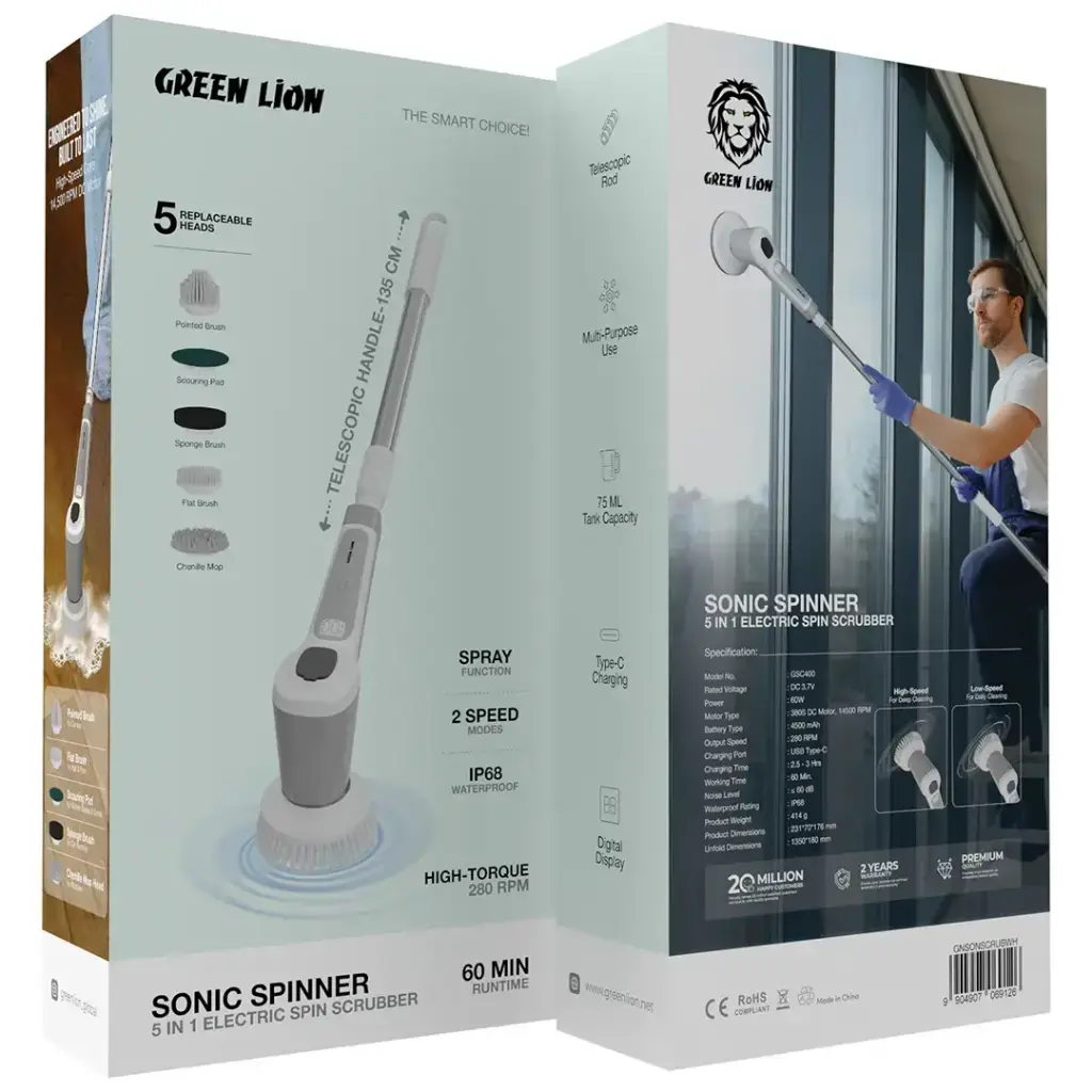 Green Lion Sonic Spinner 5 in 1 Electric Spin Scrubber - White.webp