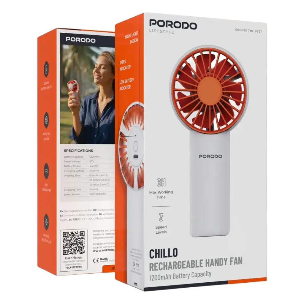 Porodo Lifestyle Chillo Rechargeable Handy Fan - 1200mAh, White (1).webp