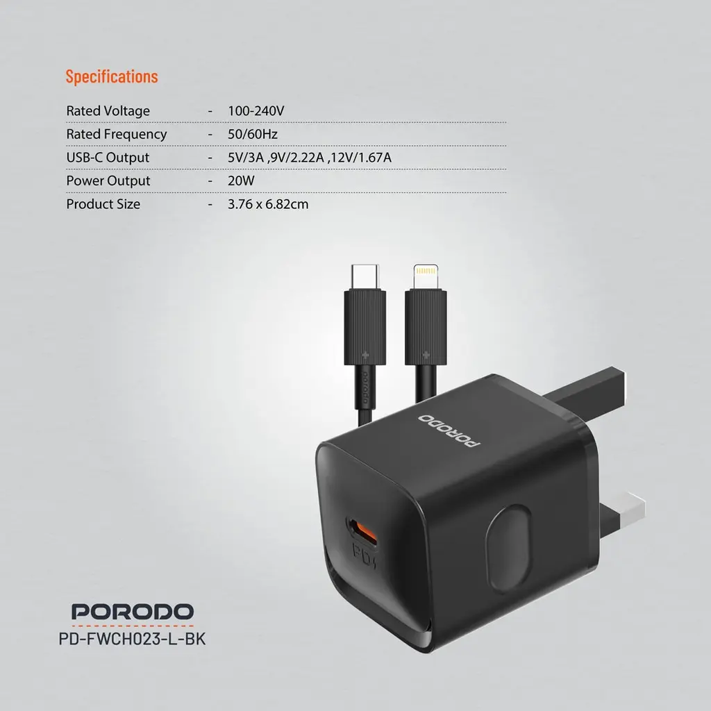 Porodo USB-C Power Delivery Wall Charger with Lightning Cable - Black (3).webp