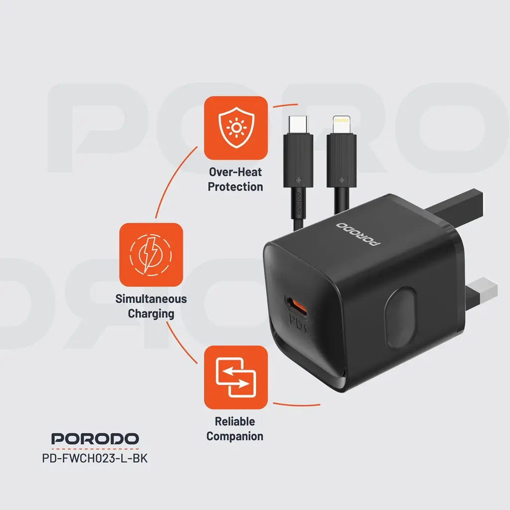 Porodo USB-C Power Delivery Wall Charger with Lightning Cable - Black (2).webp