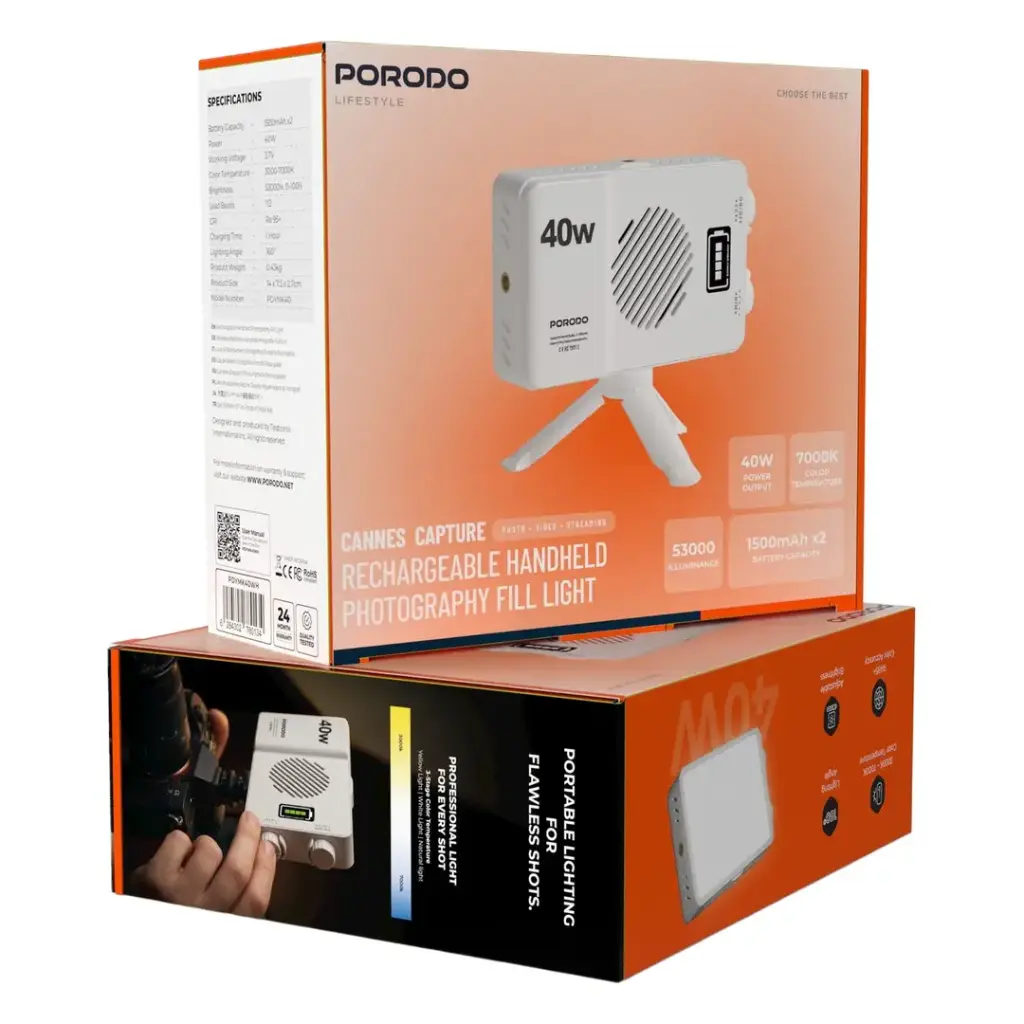 Porodo 40W Pocket Fill Light with Tripod - White (1).webp