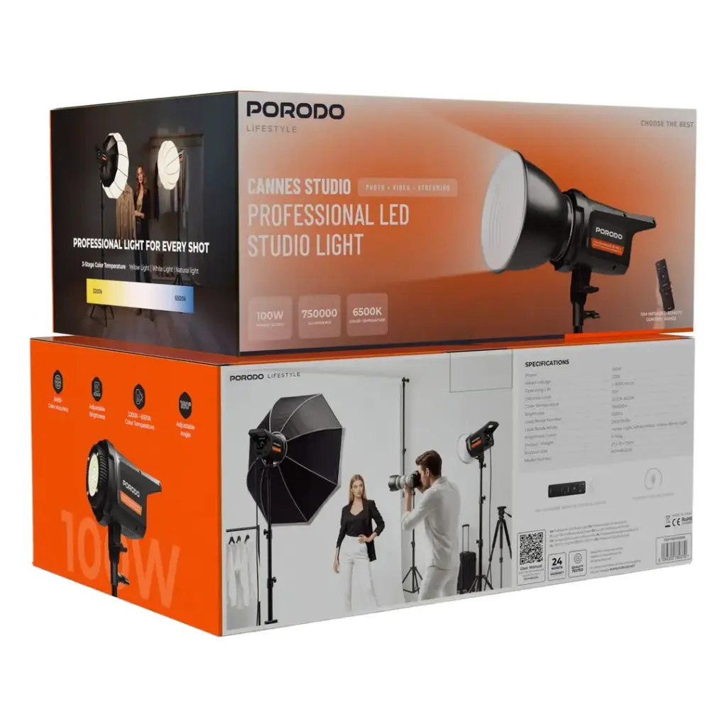 Porodo Cannes Studio 100W Professional LED Photography Light with Remote - Black (1).webp