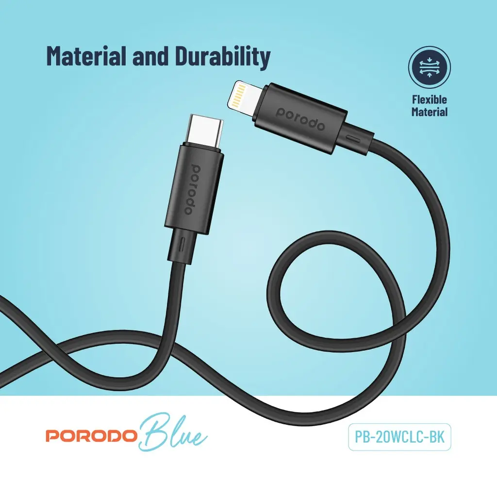 Porodo Blue 20W PD Type C to Lightning PVC Cable 1.2M - Black (1).webp