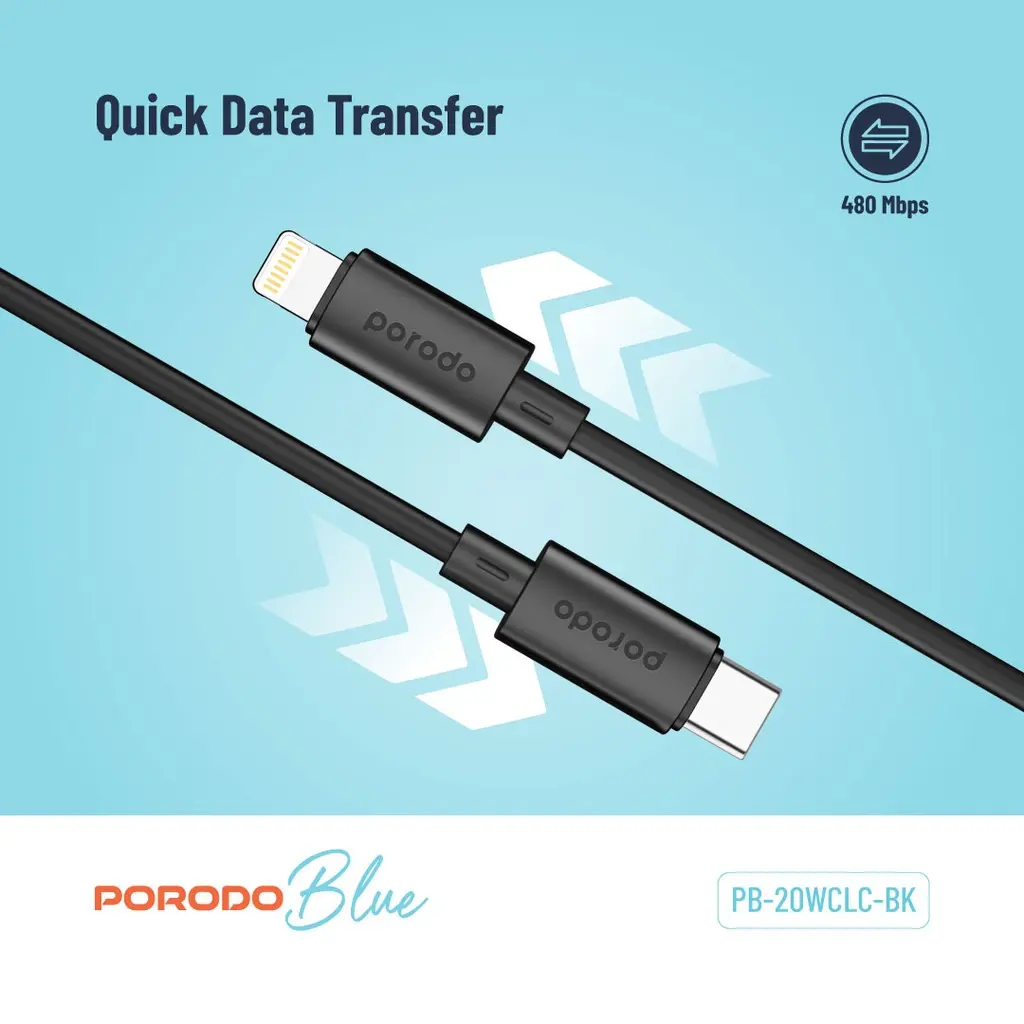 Porodo Blue 20W PD Type C to Lightning PVC Cable 1.2M - Black (2).webp