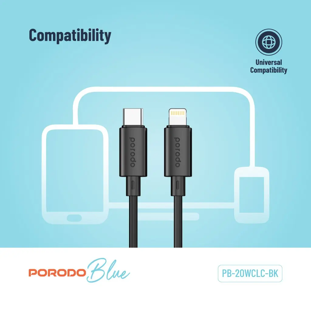 Porodo Blue 20W PD Type C to Lightning PVC Cable 1.2M - Black (3).webp