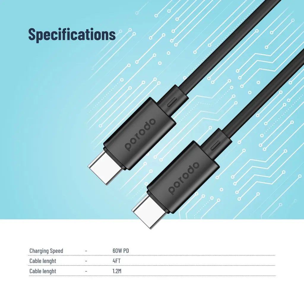 Porodo Blue 60W PD Type C to C PVC Cable 1.2M - Black.webp