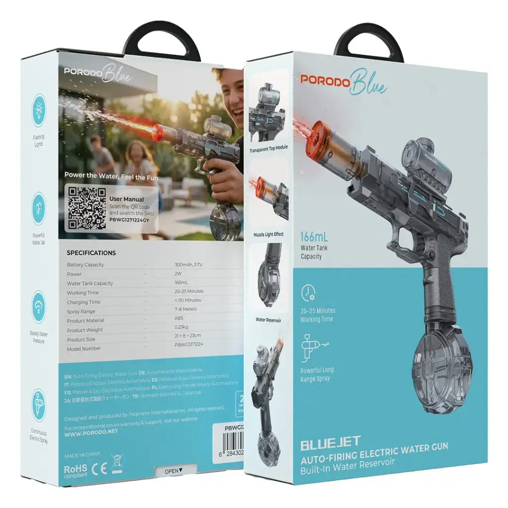 Porodo Blue Auto-Firing Electric Water Gun with Flashing Light - Grey (1).webp