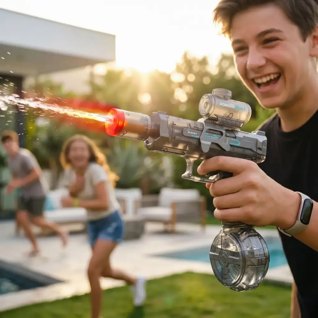 Porodo Blue Auto-Firing Electric Water Gun with Flashing Light - Grey (2).webp