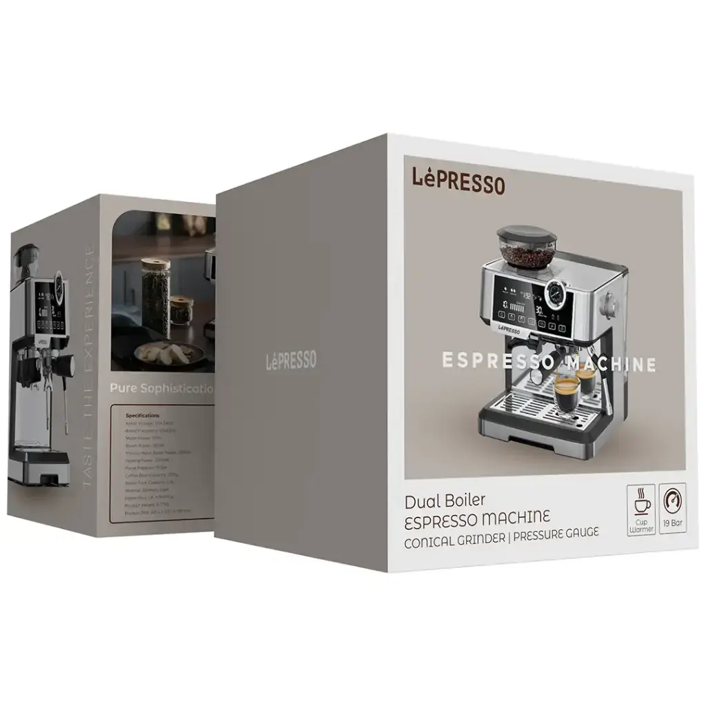 Lepresso Dual Boiler Espresso Machine with Conical Grinder & Pressure Gauge - Silver.webp